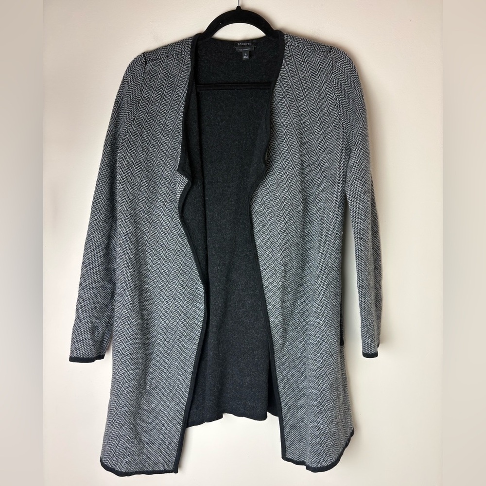 Talbots Drape Front Open Sweater Jacket Chevron Merino Wool Cardigan Small